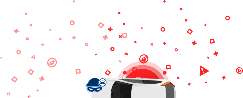 L'immagine rappresenta un'auto avvolta da nastro adesivo, una maschera da ladro e un cappello con l'icona di un'auto su sfondo rosso. Questa immagine rappresenta l'accesso ai database dei veicoli rubati, utilizzati per verificare se un'auto è stata rubata.