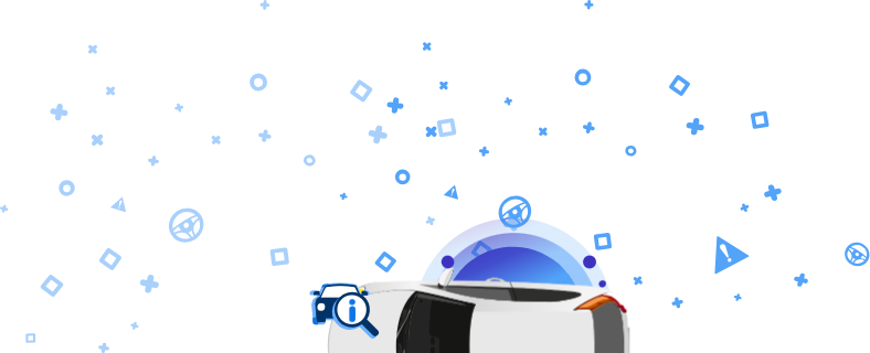 L'immagine rappresenta un'auto bianca vista dall'alto, circondata da icone blu e dalla parola VIN