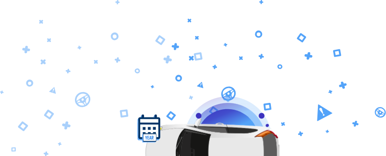 Veicolo bianco visto dall'alto, circondato da icone azzurre che indicano 'ATTENZIONE', il numero VIN e altri simboli del settore automotive