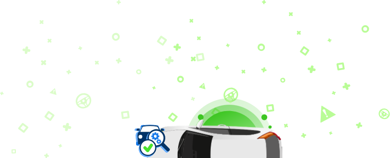 Veicolo bianco visto dall'alto, circondato da icone che indicano 'ATTENZIONE', il simbolo VIN e altri simboli del settore automotive.