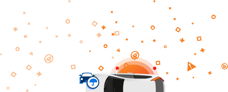 Veicolo bianco visto dall'alto, circondato da icone arancioni che indicano 'ATTENZIONE', 'VIN' e altri simboli tipici del settore automotive.