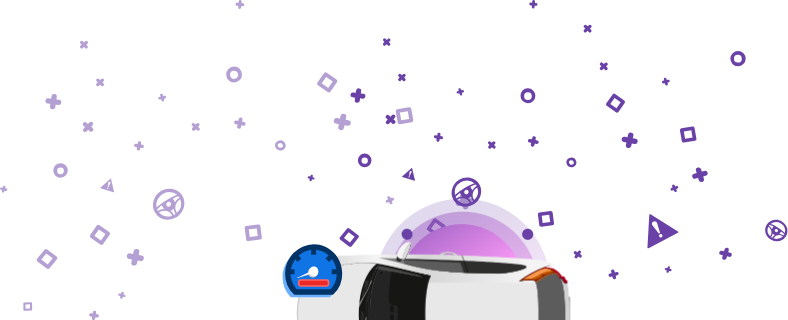 L'immagine mostra un veicolo danneggiato il cui tachimetro presenta una barra rossa su sfondo viola