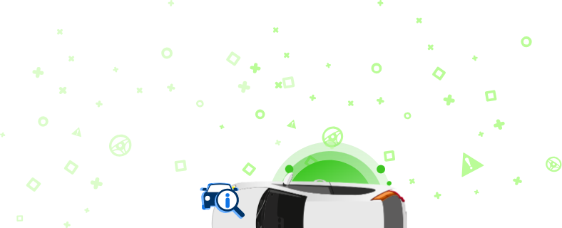 L'immagine rappresenta un'automobile con una lente d'ingrandimento che evidenzia un'icona informativa su sfondo verde, decorato con forme geometriche. Questa immagine simboleggia la verifica del numero VIN del veicolo, al fine di ottenere informazioni dettagliate.