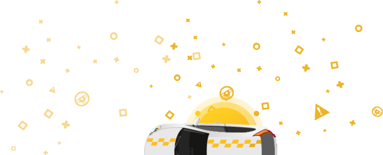 Rappresentazione grafica di un veicolo con il contrassegno del taxi sulla parte superiore, su sfondo giallo con forme geometriche. Questa immagine è correlata all'uso del veicolo, indicando che era utilizzato come taxi.