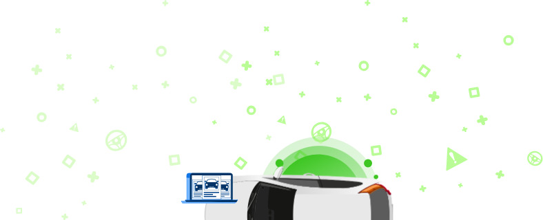 L'immagine raffigura un'automobile con un laptop aperto che mostra foto del veicolo su uno sfondo verde decorato con forme geometriche. Questa rappresentazione simbolica indica l'utilizzo di un codice QR per accedere a informazioni dettagliate sul veicolo