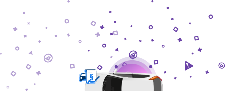 L'immagine mostra un veicolo con un documento che riporta il simbolo del paragrafo e una firma, su sfondo viola. Questo simbolo indica la presenza di un fermo amministrativo sul veicolo.