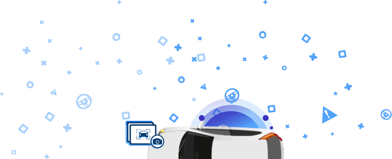 Immagine di un veicolo incidentato, con le icone di una macchina fotografica e di un'automobile su sfondo azzurro con elementi decorativi. Queste icone segnalano l'inclusione di immagini del veicolo per una documentazione visiva accurata.