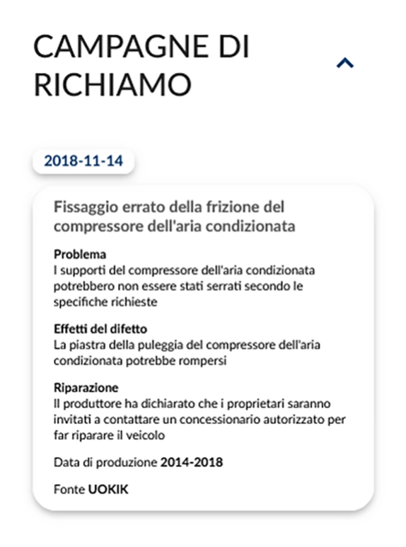 Report autoDNA sulla Storia del Veicolo - Richiami