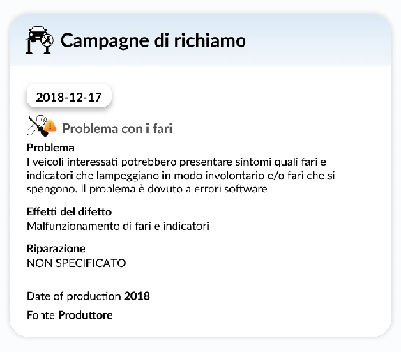 Report storico del veicolo autoDNA - Campagne di richiamo