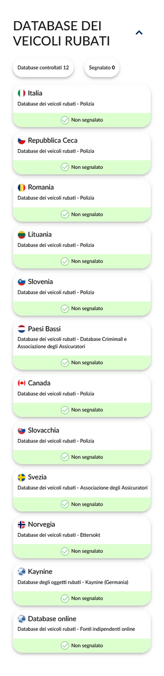 Report autoDNA sulla Storia del Veicolo - Database dei veicoli rubati