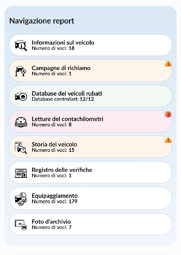 Report storico del veicolo autoDNA - Navigazione del report 