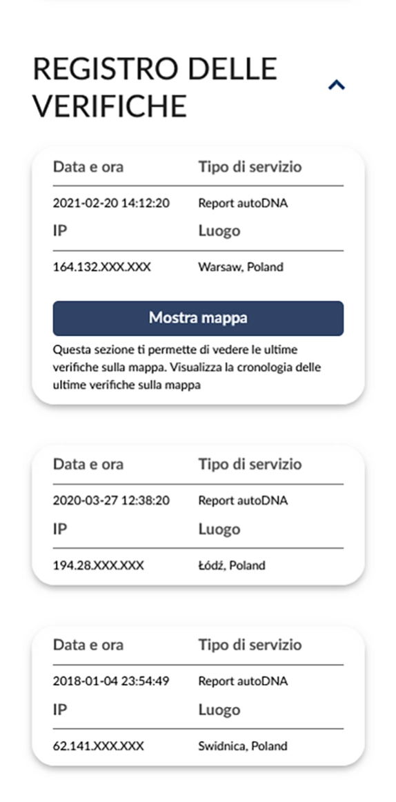 Report autoDNA sulla Storia del Veicolo - registro delle verifiche