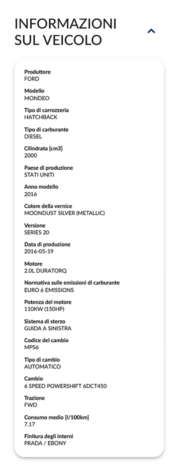Report autoDNA sulla Storia del Veicolo - informazioni sul veicolo