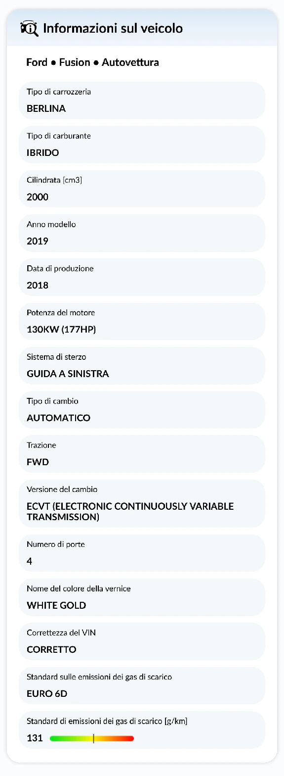 Report storico del veicolo autoDNA - Informazioni sul veicolo