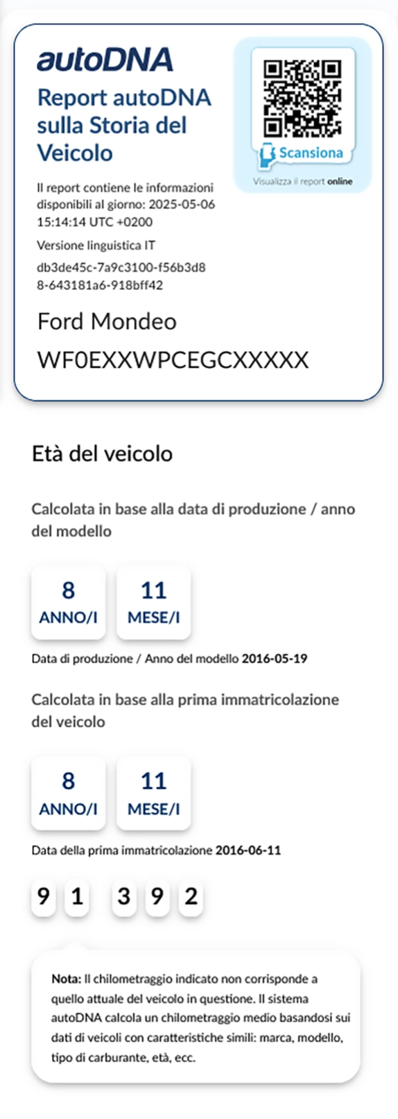 Report autoDNA sulla Storia del Veicolo - informazioni preliminari