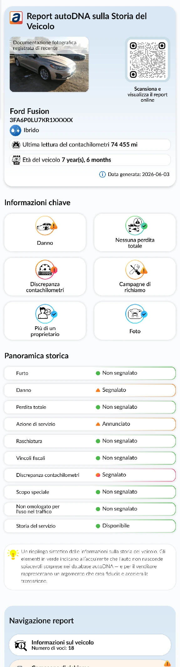 Report storico del veicolo autoDNA - informazioni precedenti