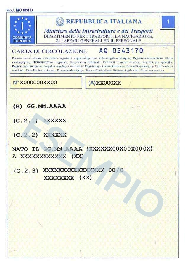 Dove trovare il numero VIN - casella contrassegnata dalla lettera 'E' nel libretto di circolazione italiano